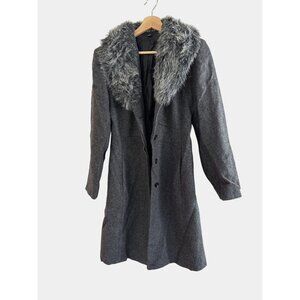 Braetan Gray Wool Blend Long Coat With Faux Fur Collar For Women